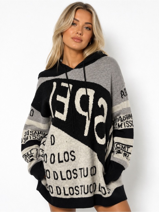 AKIRA Sweaters - NWT Black Multi Oversized Graphic Hooded Sweater Dress | Soft Knit